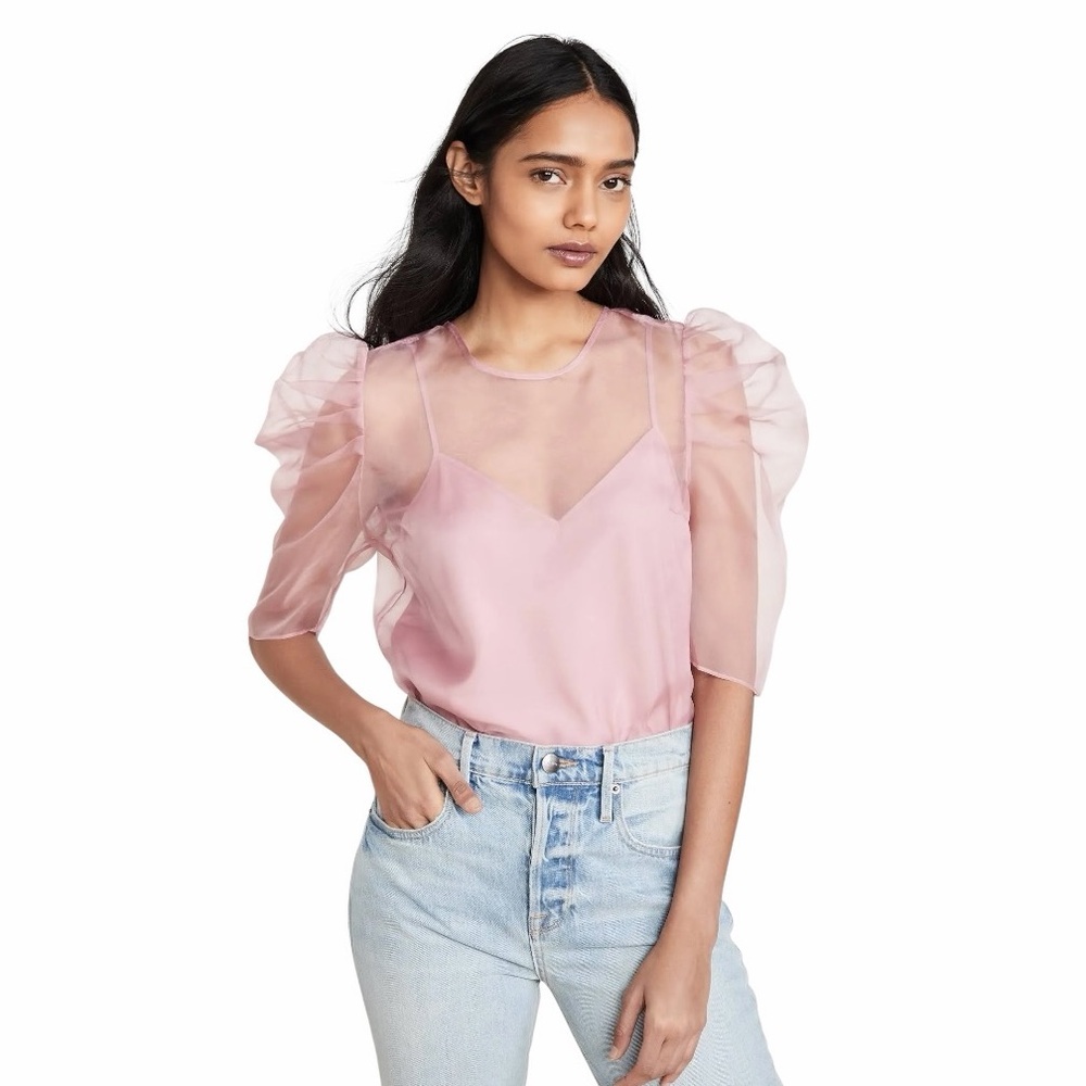 CINQ À‎ SEPT Erin Puff-sleeve Organza Top In Tea Rose $295 Size XL 100% Silk